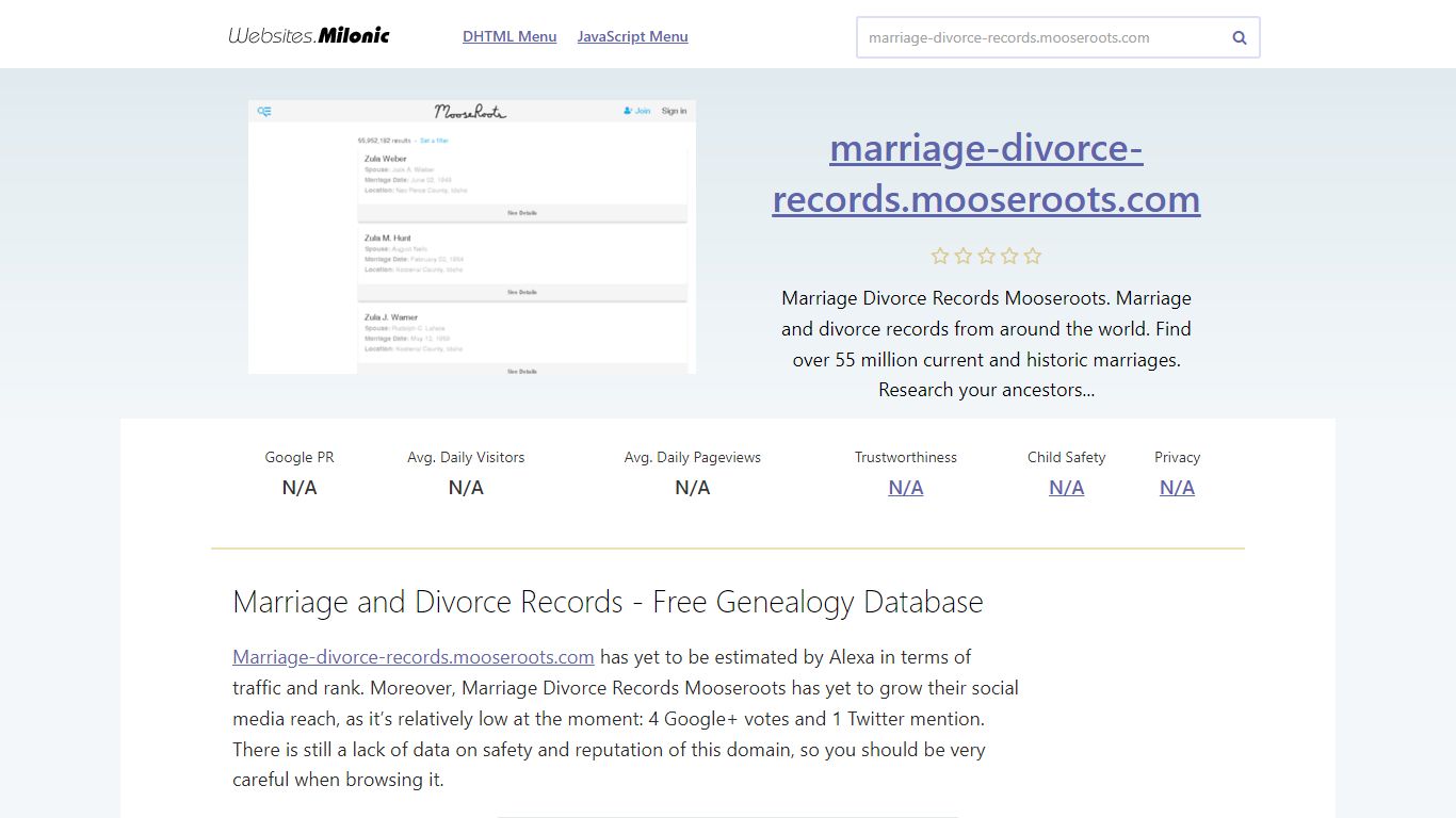 Marriage and Divorce Records - Free Genealogy Database - Milonic